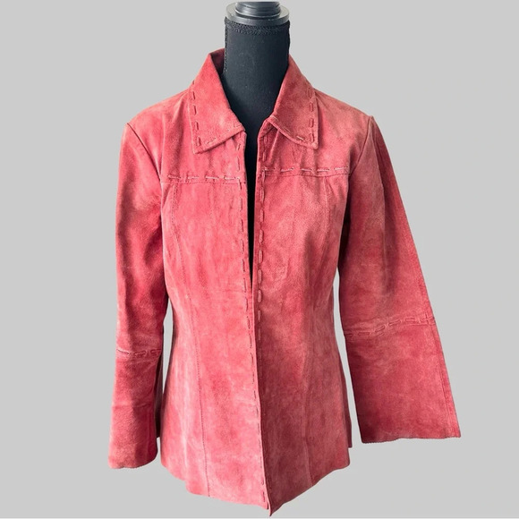 Cleo  Coral Red Suede Leather Braided Leather Jacket - Picture 1 of 16